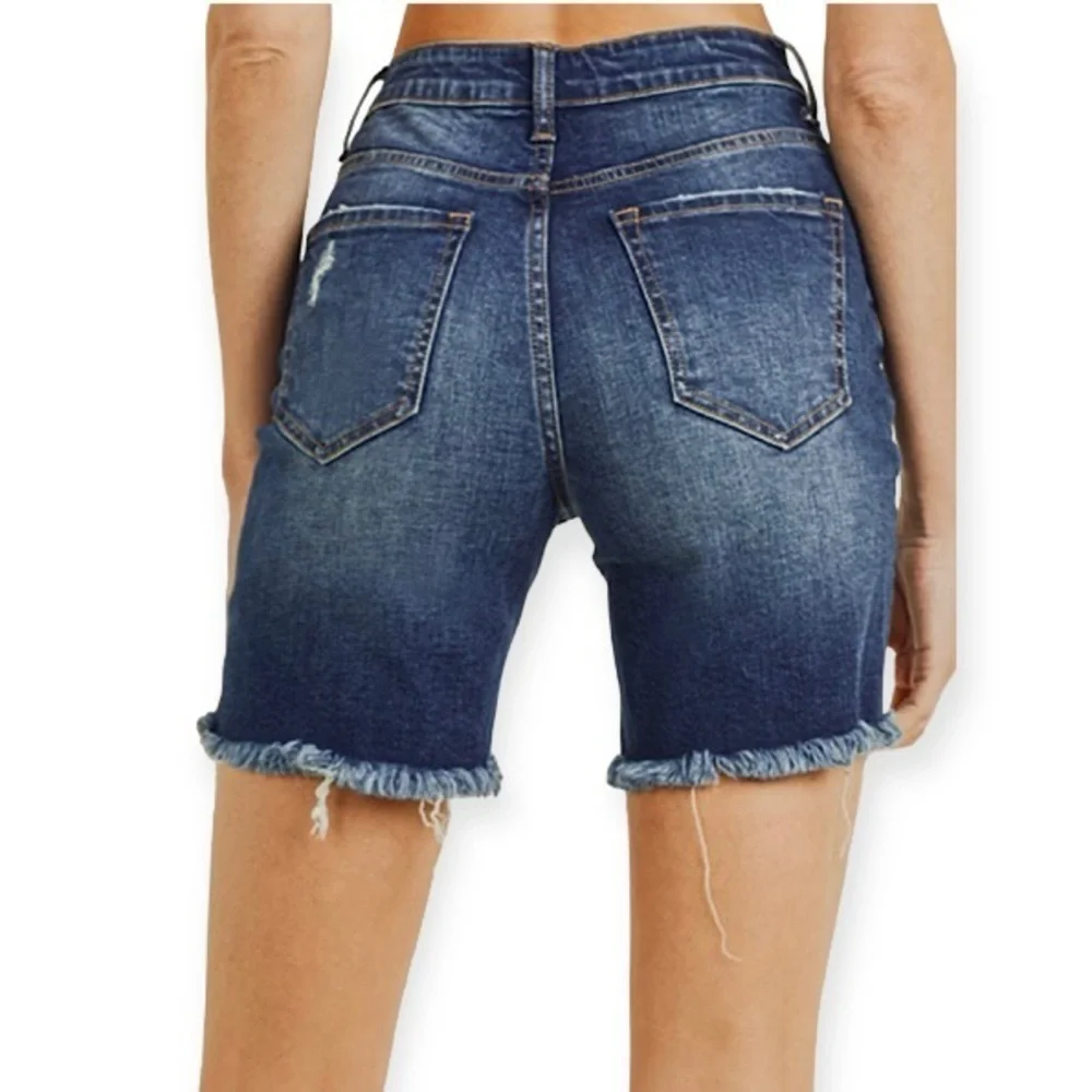 Risen NWT Alaina High Waist Distressed Long Denim Shorts Womens Size Small New